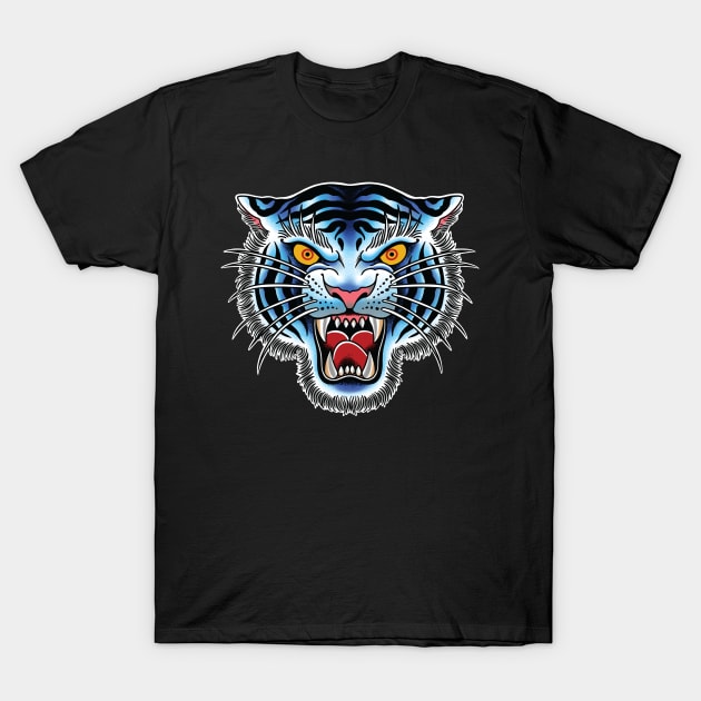 White Tiger Head Traditional Tattoo art illustration T-Shirt by Seven Relics